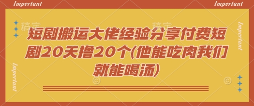 短剧搬运大佬经验分享付费短剧20天撸20个(他能吃肉我们就能喝汤)-数码之翼