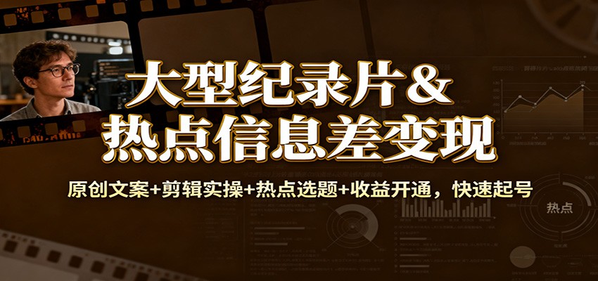 大型纪录片&热点信息差变现:原创文案+剪辑实操+热点选题+收益开通,快速起号-数码之翼