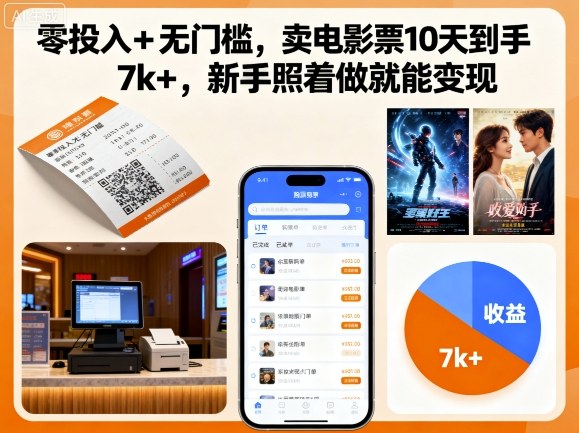 零投入+无门槛，卖电影票10天到手7k+，新手照着做就能变现【揭秘】-数码之翼