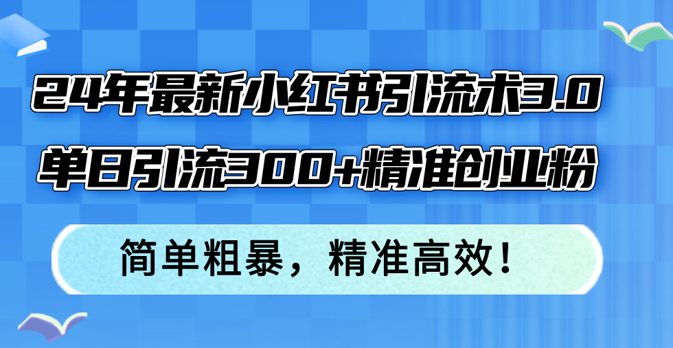24年最新小红书引流术3.0，单日引流300+精准创业粉，简单粗暴，精准高效！-数码之翼