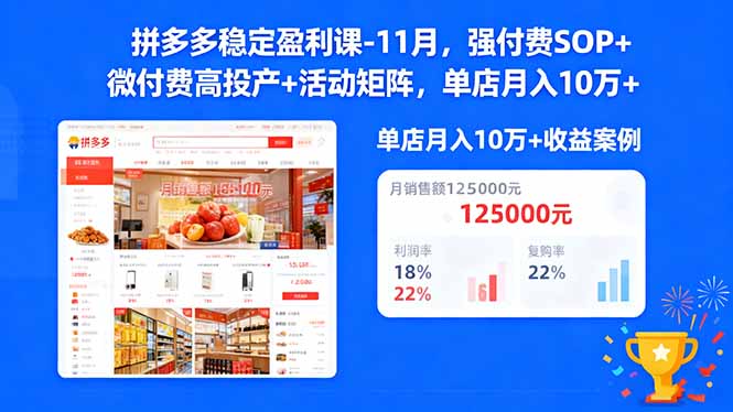 拼多多稳定盈利课-11月，强付费SOP+微付费高投产+活动矩阵，单店月入10w+-数码之翼