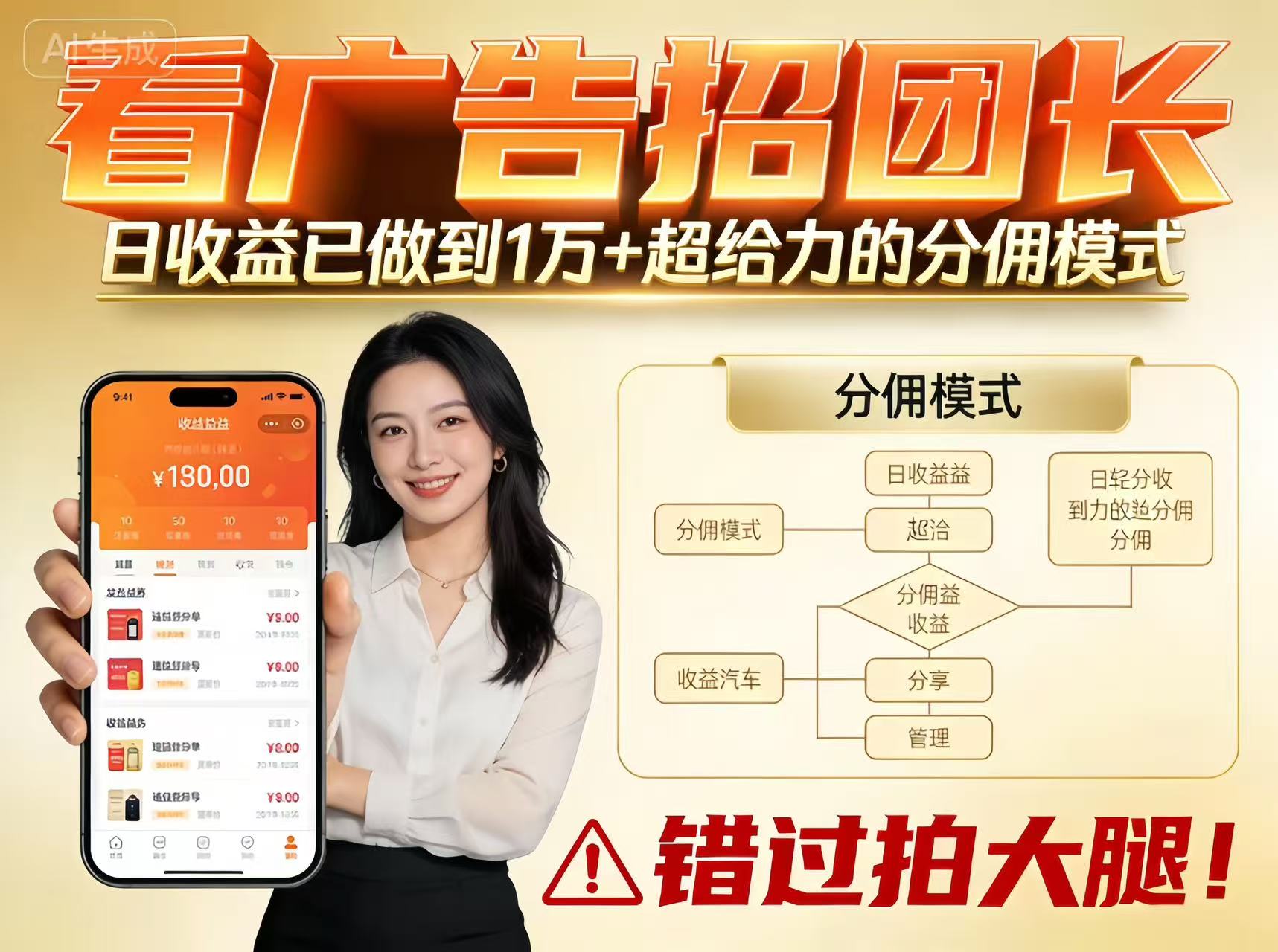 看广告招团长，团队收益已做到日入1万，分佣模式超给力，错过拍大腿-数码之翼