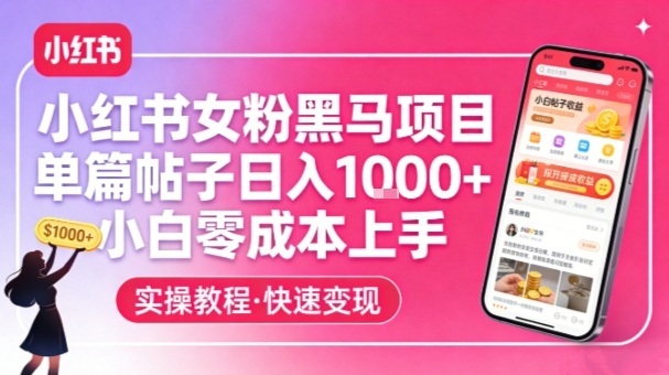 小红书女粉黑马项目，单篇帖子日入1k+，小白零成本上手-数码之翼