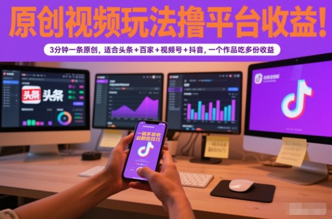 原创视频玩法撸平台收益，3分钟一条原创，适合头条+百家+视频号+抖音，一个作品吃多份收益-数码之翼