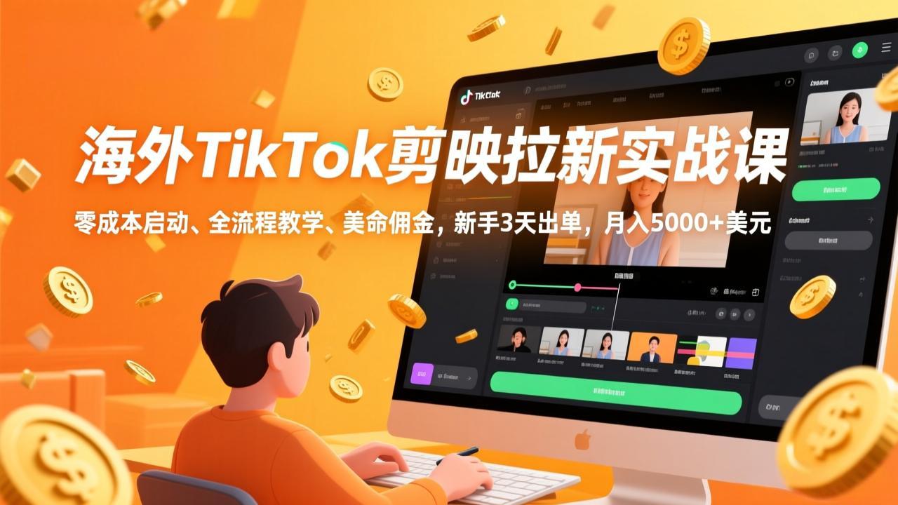 海外TikTok剪映拉新实战课，零成本启动、全流程教学、美金佣金，新手3天出单，月入5000+美元-数码之翼