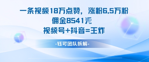 一条视频18W点赞，涨粉6.5W粉佣金8541米，视频号+抖音=王炸-数码之翼