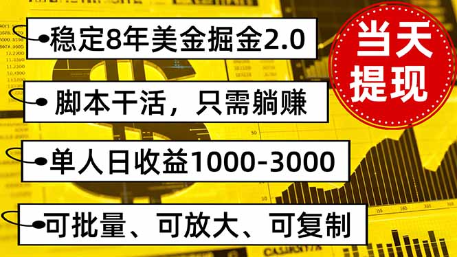 稳定8年美金掘金2.0脚本干活，只需躺赚。单人日收益1000-3000可批量、…-数码之翼
