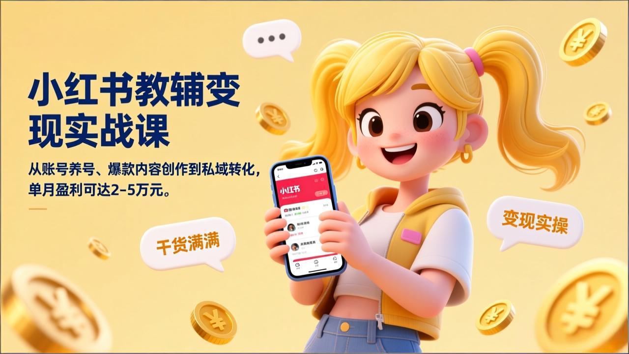小红书教辅变现实战课，从账号养号、爆款内容创作到私域转化，单月盈利可达2-5万元-数码之翼