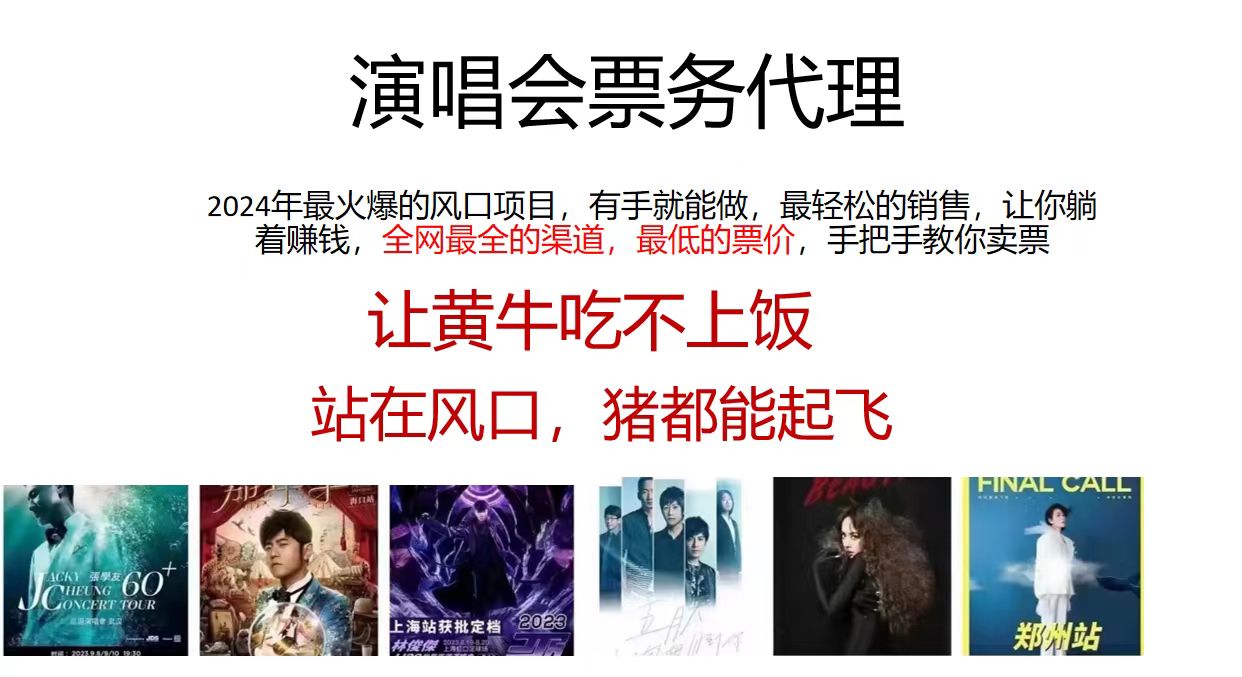 演唱会票务代理，2024年最火爆风口项目，全网最低的票价，小白一分钟上手日入2000+-数码之翼