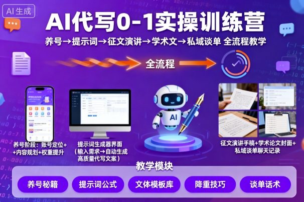 AI代写0-1实操训练营，从养号、提示词、征文演讲、学术文，到私域谈单的全流程教学-数码之翼