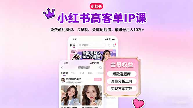 小红书高客单IP课，免费盈利模型、会员制、关键词截流，单账号月入10万+-数码之翼