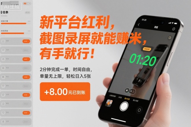 新平台红利，截图录屏就能賺米，有手就行！2分钟完成一单，时间自由，单量无上限，轻松日入5张【揭秘】-数码之翼