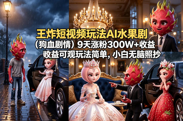 王炸短视频玩法AI水果剧(狗血剧情)9天涨粉300W+收益可观玩法简单，小白无脑照抄，详细拆解玩法-数码之翼