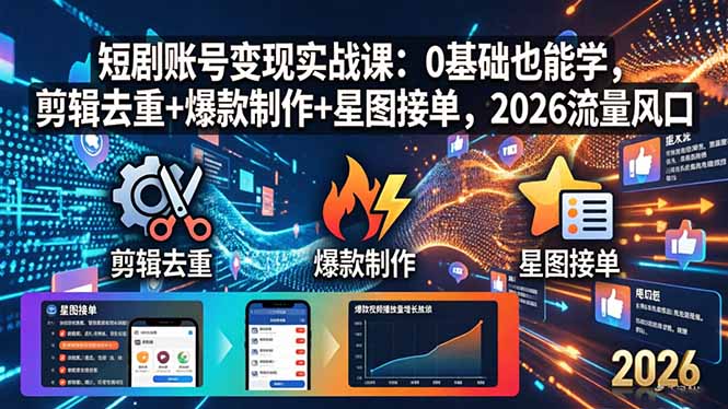 短剧账号变现实战课：0基础也能学，剪辑去重+爆款制作+星图接单，2026流量风口-数码之翼