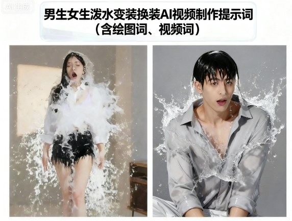 男生女生泼水变装换装AI视频制作提示词(含绘图词、视频词)-数码之翼