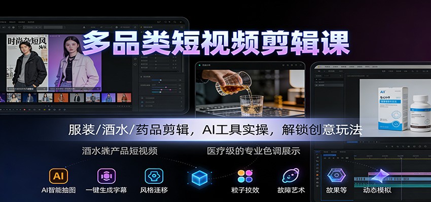 多品类短视频剪辑课：服装/酒水/药品剪辑，AI工具实操，解锁创意玩法-数码之翼