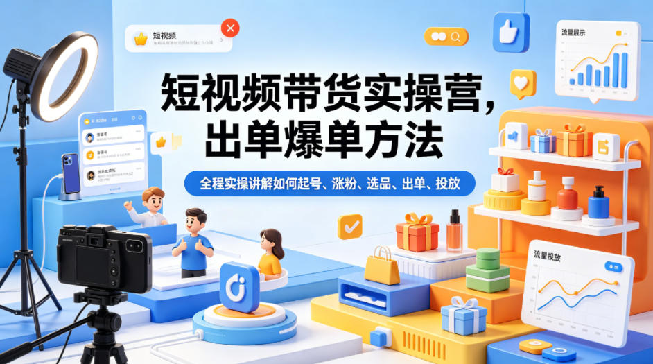 短视频带货实操营，出单爆单方法，全程实操讲解如何起号、涨粉、选品、出单、投放-数码之翼