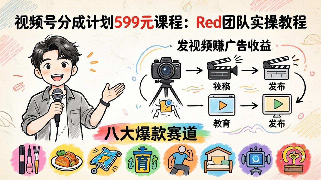 视频号分成计划599元课程：Red团队实操教程，发视频赚广告收益，八大爆款赛道全掌握-数码之翼