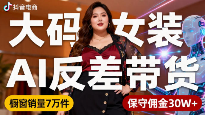 抖音小众赛道,大码女装AI反差带货,不用直播,每天6条作品,橱窗卖7万件,保守佣金30W+-数码之翼