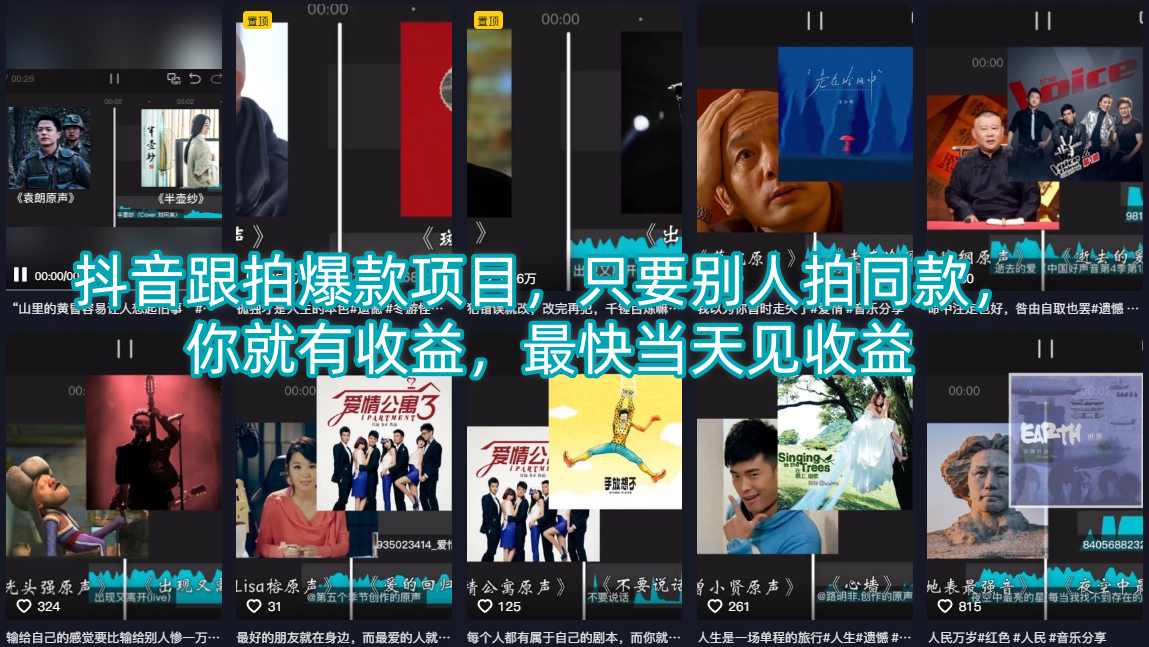 抖音跟拍爆款项目，只要别人拍同款，你就有收益，最快当天见收益-数码之翼