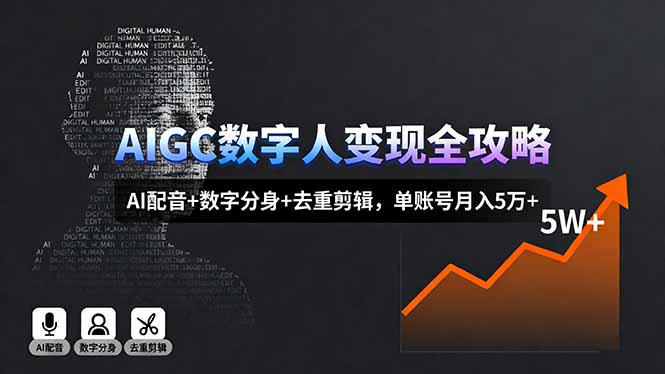 AIGC数字人变现全攻略，AI配音+数字分身+去重剪辑，单账号月入5万+-数码之翼