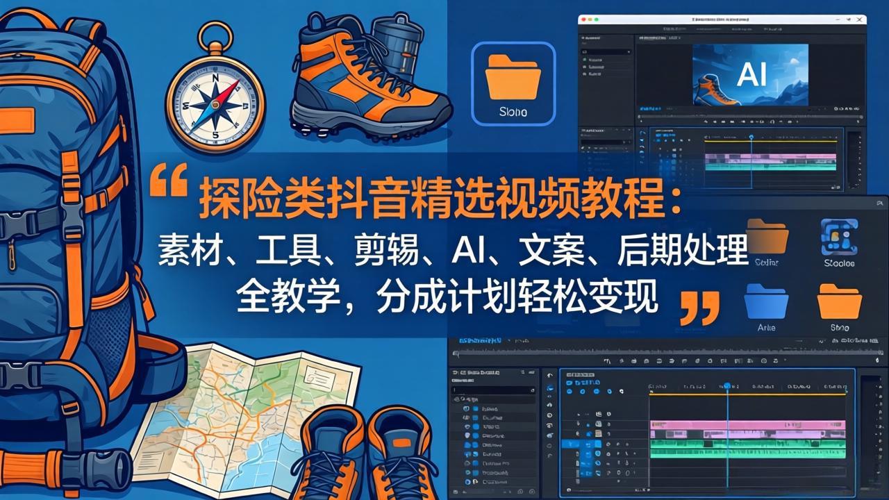 探险类抖音精选视频教程：素材、工具、剪辑、AI、文案、后期处理全教学，分成计划轻松变现-数码之翼