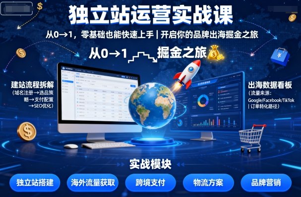 独立站运营实战课，​从0到1，零基础也能快速上手，开启你的品牌出海掘金之旅-数码之翼