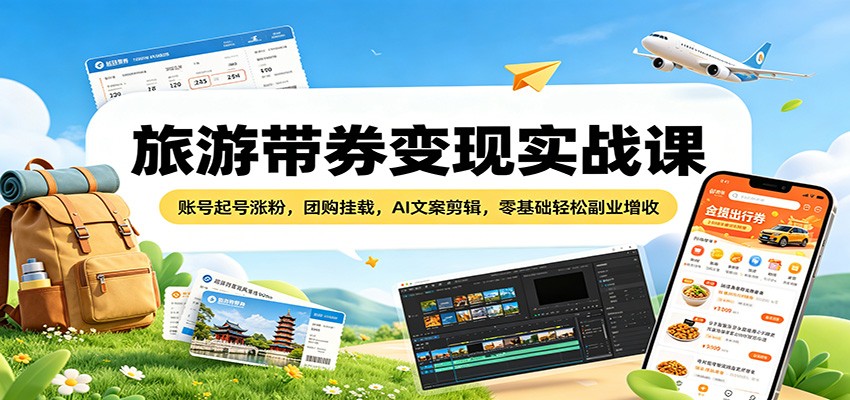 旅游带券变现实战课：账号起号涨粉，团购挂载，AI文案剪辑，零基础轻松副业增收-数码之翼