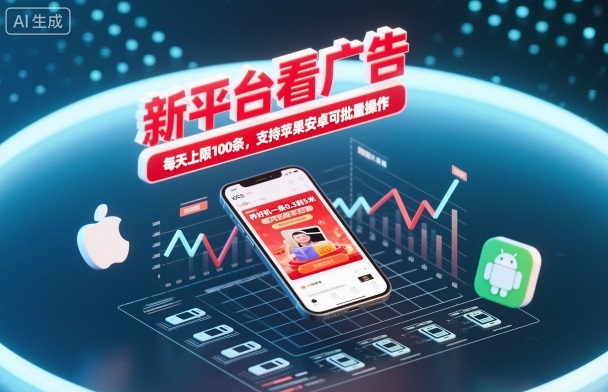 新平台看广告,养好机一条0.3到5米,每天上限100条,支持苹果安卓可批量操作-数码之翼