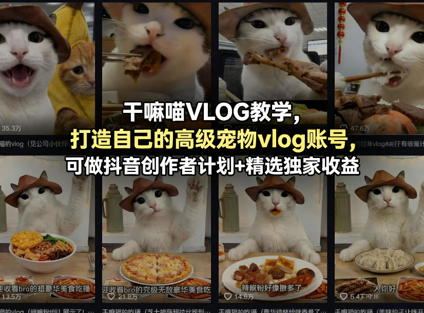 干嘛喵VLOG教学,打造自己的高级宠物vlog账号,可做抖音创作者计划+精选独家收益-数码之翼