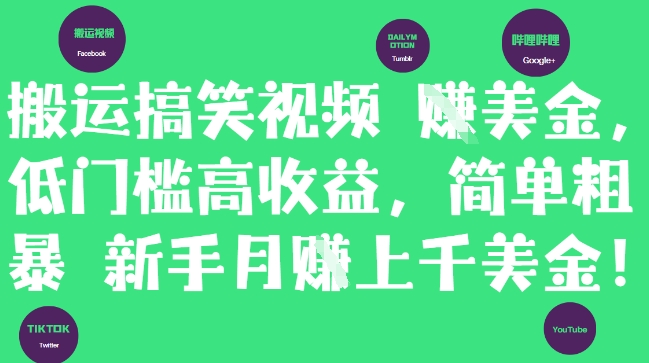 搬运搞笑视频挣美金，低门槛高收益，简单粗暴新手月入上千美刀-数码之翼