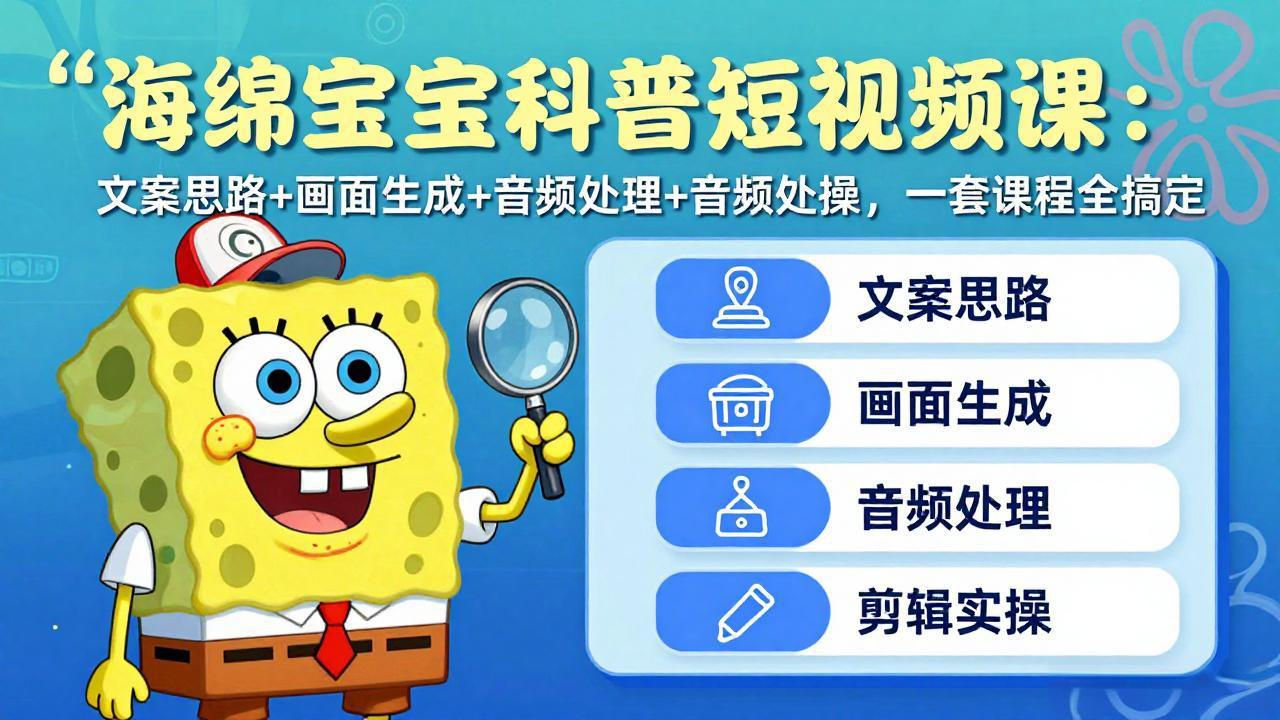 海绵宝宝科普短视频课：文案思路+画面生成+音频处理+剪辑实操，一套课程全搞定-数码之翼