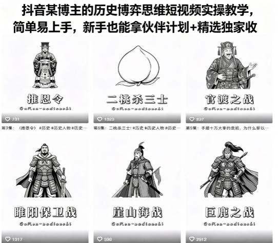 抖音某博主的历史博弈思维短视频实操教学，简单易上手，新手也能拿伙伴计划+精选独家收益-数码之翼