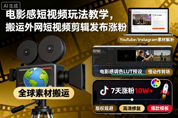 电影感短视频玩法教学，搬运外网短视频剪辑发布涨粉-数码之翼