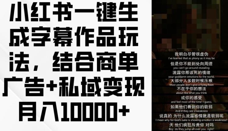 小红书一键生成字幕作品玩法，结合商单广告+私域变现月入1w+【揭秘】-数码之翼