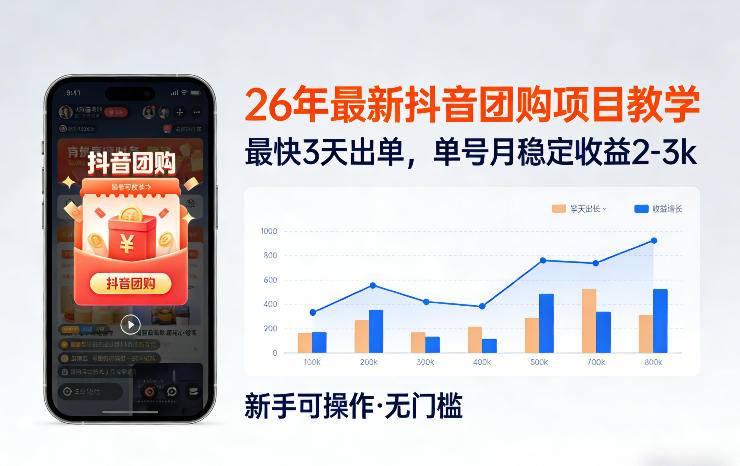 26年最新抖音团购项目教学，0门槛，最快3天出单，单号月稳定收益2-3k-数码之翼
