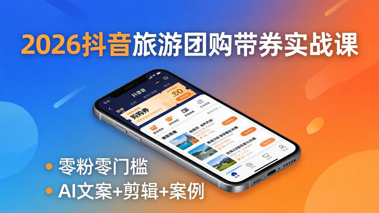 2026抖音旅游团购带券实战课：零粉零门槛，AI文案+剪辑+案例，躺着赚门票佣金-数码之翼
