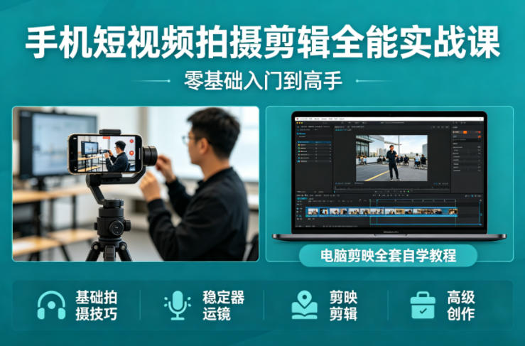 手机短视频拍摄剪辑全能实战课：零基础入门到高手，稳定器运镜+电脑剪映全套自学教程-数码之翼