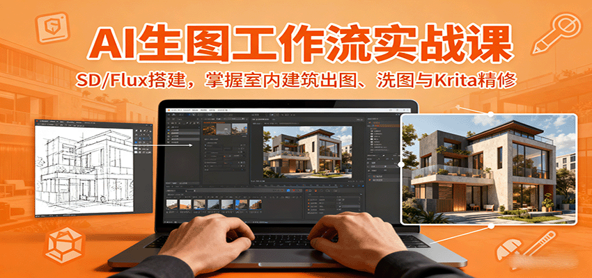 AI生图工作流实战课：SD/Flux搭建，掌握室内建筑出图、洗图与Krita精修-数码之翼