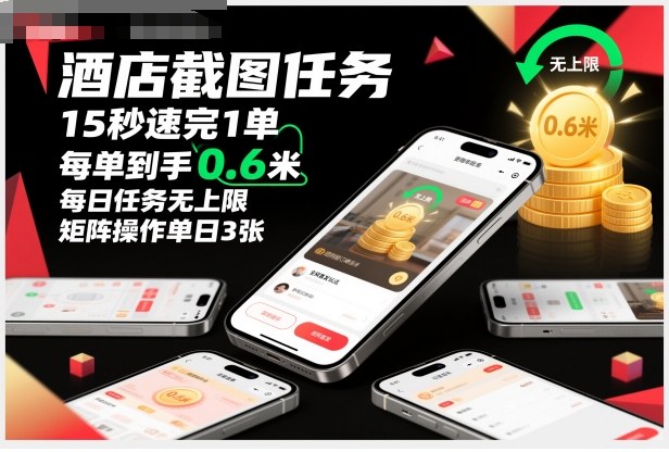 酒店截图任务,15秒速完1单,每单到手0.6米,每日任务无上限,全网首发玩法,矩阵操作单日3张【揭秘】-数码之翼