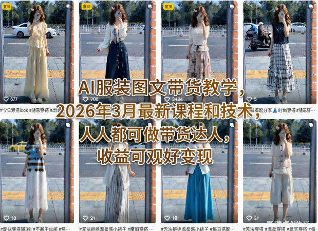 AI服装图文带货教学，2026年3月最新课程和技术，人人都可做带货达人，收益可观好变现-数码之翼