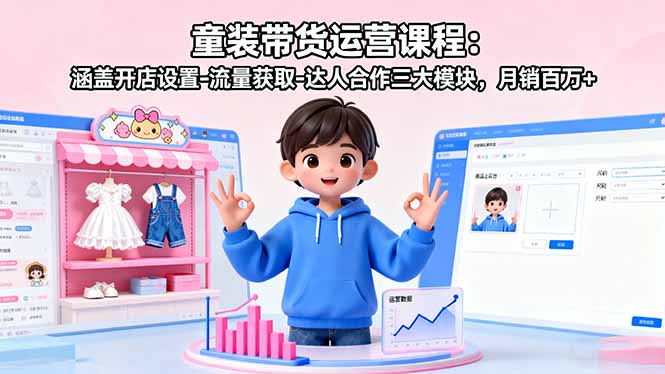 童装带货运营课程：涵盖开店设置-流量获取-达人合作三大模块，月销百万+-数码之翼