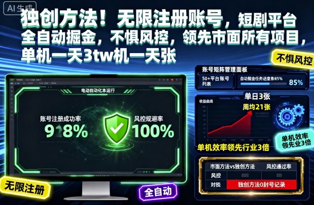 独创方法!无限注册账号,短剧平台全自动掘金,不惧风控,领先市面所有项目,单机一天3张【揭秘】-数码之翼