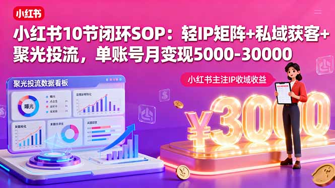 小红书10节闭环SOP：轻IP矩阵+私域获客+聚光投流，单账号月变现5000-30000-数码之翼