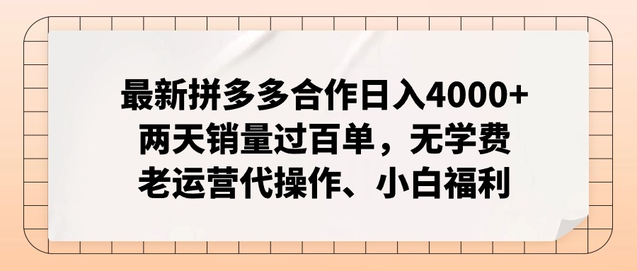 拼多多最新合作日入4000+两天销量过百单，无学费、老运营代操作、小白福利-数码之翼