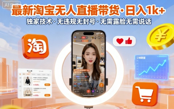 最新淘宝无人直播带货，日入1k+，独家技术，无违规无封号，无需露脸无需说话【揭秘】-数码之翼