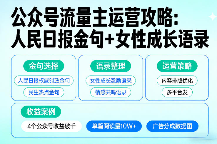 利用人民日报金句+女性成长语录做公众号流量主，4个公众号收益破千-数码之翼