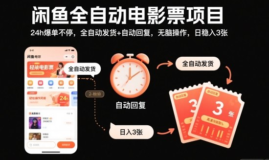 闲鱼全自动电影票项目，24h爆单不停，全自动发货+自动回复，无脑操作，日稳入3张【揭秘】-数码之翼