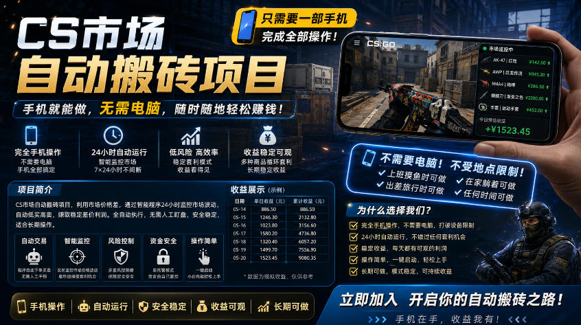 手机即可操作的CS市场自动搬砖系统｜自动监控｜自动下单|日入300+【揭秘】-数码之翼
