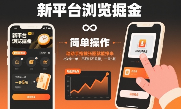 新平台浏览掘金，动动手指截张图就能挣米，2分钟一单，不限时不限量，一天5张【揭秘】-数码之翼